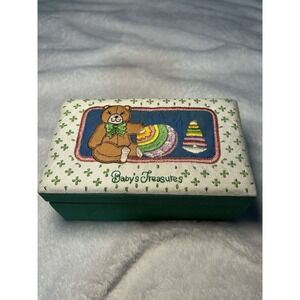 Sankyo Green Keepsake Music Box with Embroidered Bear and Storage Compartment